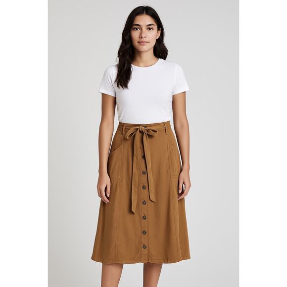 Anthropologie Dresses & Skirts - Maeve Anthropologie Button Front A-Line Midi Skirt Tie Waist Windsor Tan Size 0